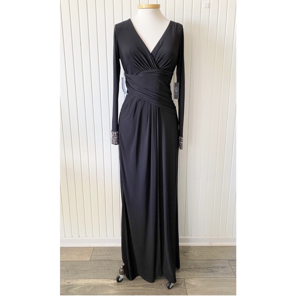 NWT Vince Camuto Long Black Dress Gown Long Sleeves Jewel Cuffs Size 6